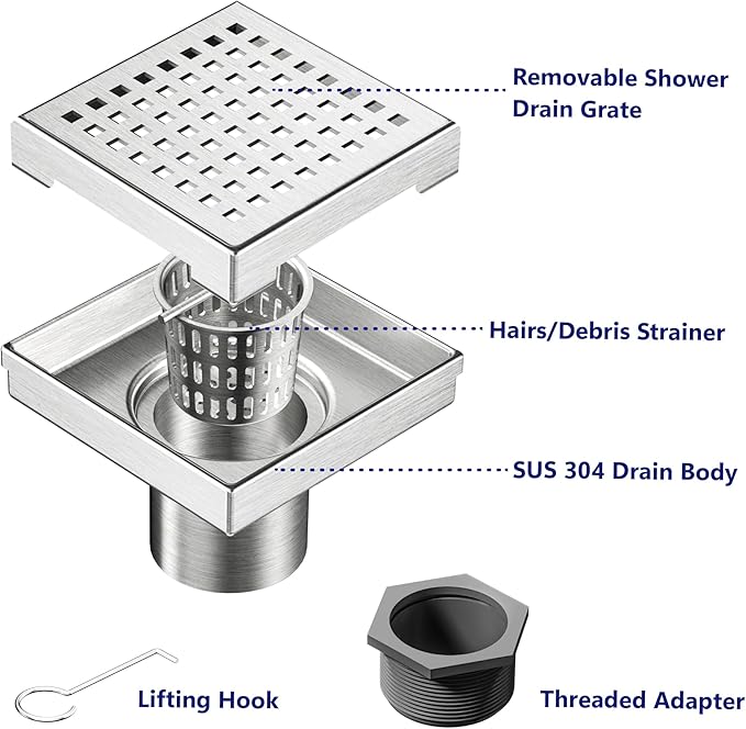 Neodrain 4-Inch Square Shower Drain with Removable Quadrato Pattern Grate, Brushed 304 Stainless Steel Square Drain for Bathroom with Hair Strainer,CUPC Certified