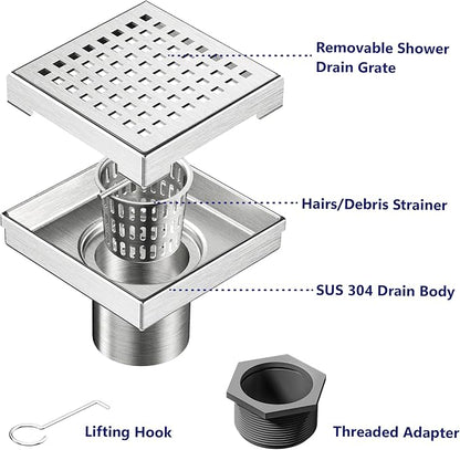 Neodrain 4-Inch Square Shower Drain with Removable Quadrato Pattern Grate, Brushed 304 Stainless Steel Square Drain for Bathroom with Hair Strainer,CUPC Certified