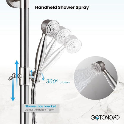 gotonovo Bathroom Classic Exposed Shower Faucet Wall Mount Shower System 8 Inch Luxurious Rainfall Shower Head Set with Tub Spout and Handheld Spray Double Cross Handles Brushed Nickel