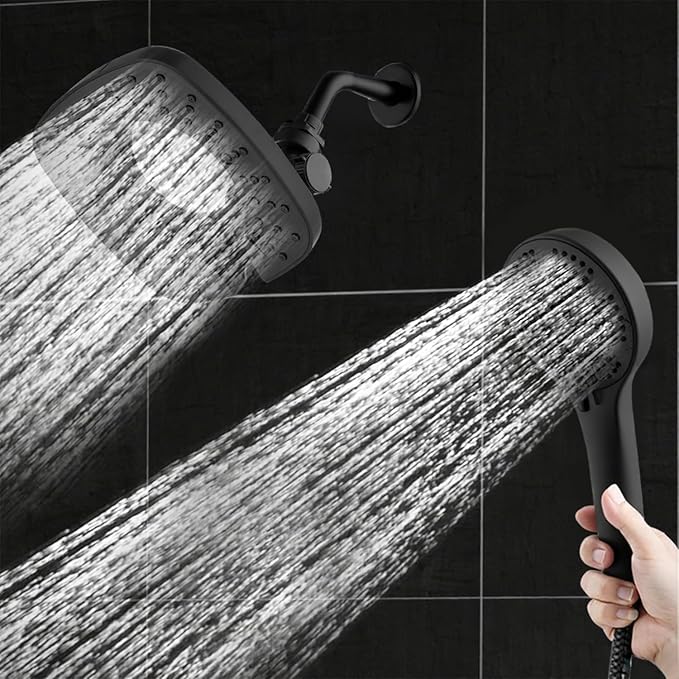 Black Shower Head with Handheld Spray Combo 2 in 1 Rainfall High Pressure with 59" Rotatable Stainless Steel Hose 9 Spray Modes Detachable