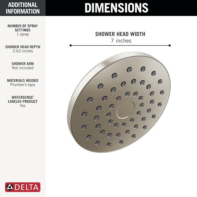 Delta PivotPro Brushed Nickel Rain Showerhead, Single Setting 7 Inch Round Shower Head, Showerheads, 1.75 GPM Flow Rate, SpotShield Brushed Nickel 75104SN