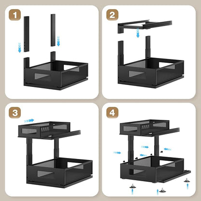 2 Pack Under Sink Organizer with Next-Gen Ball-Bearing Slides,2-Tier Pull Out Cabinet Storage,Height Adjustable Drawer Shelf for Bathroom,Kitchen,Laundry,Cabinet,Pantry(Patent Pending)