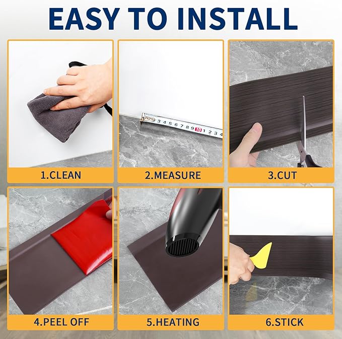 Flexible Baseboard Molding Trim 4 Inch Self-Adhesive Vinyl Wall Base Peel and Stick Cove Base Rubber Wall Baseboard Moulding Trim (40Ft, Dark Walnut Wood Grain)