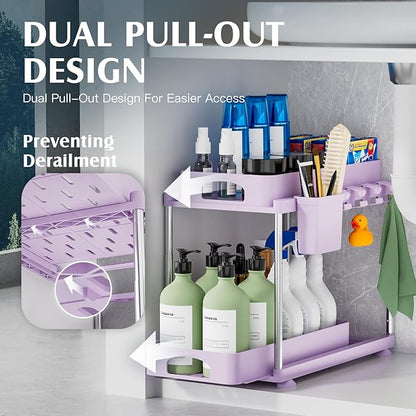 VERIFOST Under Sink Organizer - 2 Pack Adjustable Height, 2 Tier Organizers for Bathroom & Kitchen Sink, Purple
