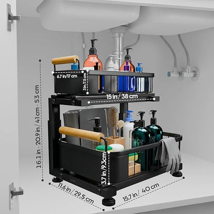 Premium Heavy Duty Carbon Steel Under Sink Organizer, 2 Tier Pull Out Cabinet Organizer, 7 Adjustable Heights with Smooth Ball Bearing Sliding Baskets for Bathroom & Kitchen