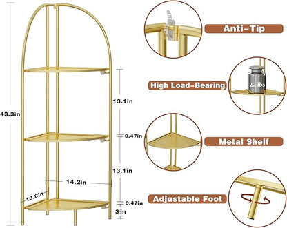 Crofy Foldable 3 Tier Corner Shelf, Metal Corner Plant Stand with Gold Frame and Gold Shelves, Corner Display Rack Multipurpose Shelving Unit for Living Room, Bedroom, Bathroom