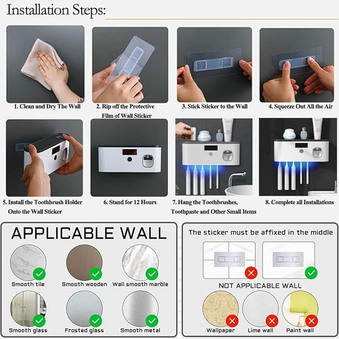 Toothbrush Holders for Bathrooms, Toothbrush Holder Wall Mounted with Toothpaste Dispenser Bathroom Solar Charging and No Drilling Required Tooth Brush Holder with 5 Brush Slots（Black）