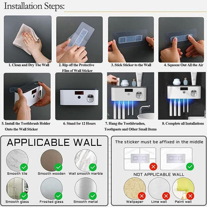 Toothbrush Holders for Bathrooms, Toothbrush Holder Wall Mounted with Toothpaste Dispenser Bathroom Solar Charging and No Drilling Required Tooth Brush Holder with 5 Brush Slots（Black）