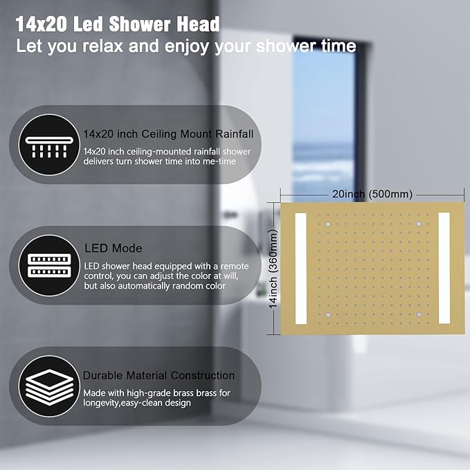 Rain Shower Head System with 14x20 Inch Ceiling Mount LED Head & 6 Inch Wall Head and Handheld Shower 3 Way Pressure Balance Valve Kit,Brushed Gold