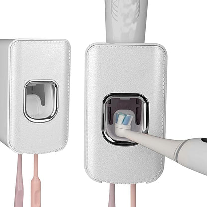 2 Slot Toothbrush Holder and Toothpaste Dispenser Wall Mounted, Automatic Toothpaste Squeezer, 2 in 1 Tooth Brush Toothpaste Organizer for Shower (White 2Pack)