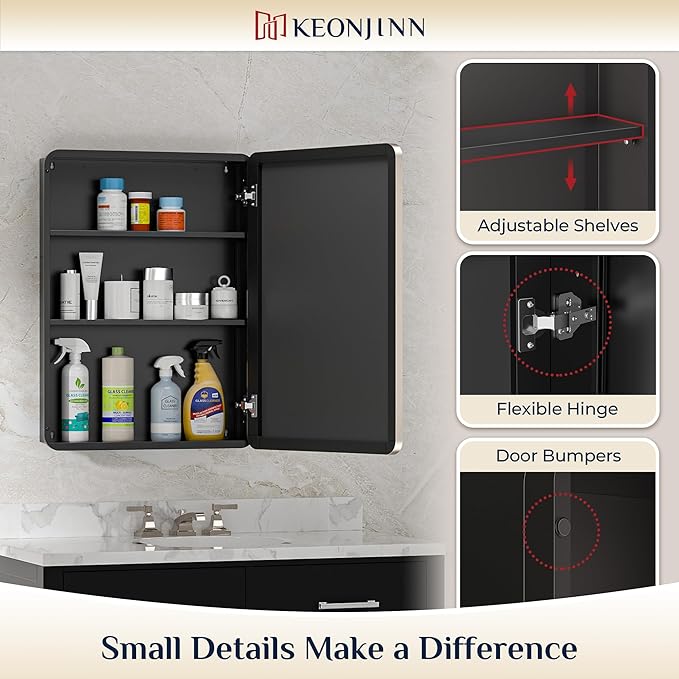 Keonjinn 24 x 32 Inch Brushed Nickel Mirrored Medicine Cabinet, Recessed Medicine Cabinets for Bathroom, Silver Stainless Steel Framed, Adjustable Shelves, in Wall or Surface Mount, Modern Style