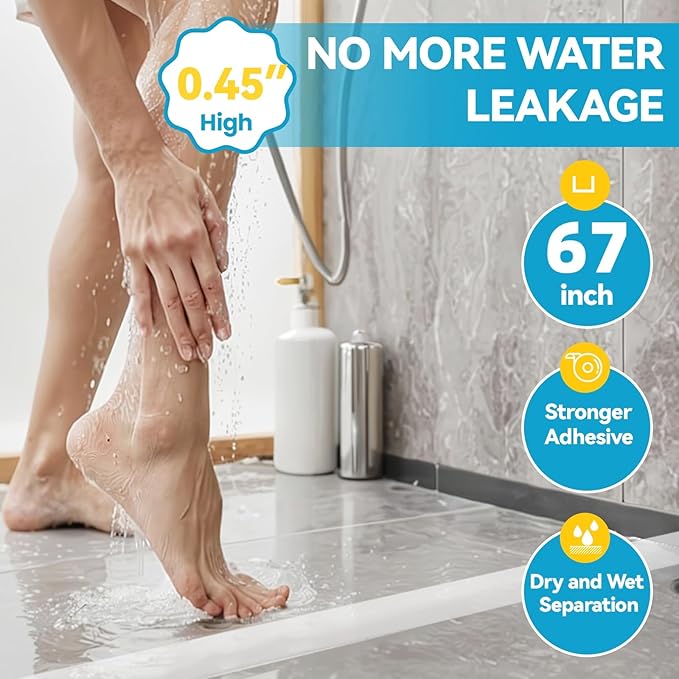 67'' Collapsible Shower Threshold Water Dam Shower Barrier Keeps Water Inside Threshold Dry and Wet Separation Retention System Suitable for Bathroom Kitchen Sink Bathtub