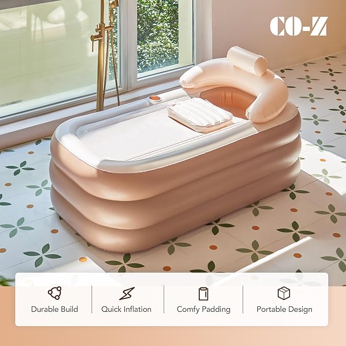 CO-Z Inflatable Bathtub with Electric Air Pump and Bath Pillow Headrest, Portable Blow Up Bath Tub for Adults, Outdoor & Indoor Freestanding Foldable Spa Tub with Cover Drainage Cup Holder,Brown