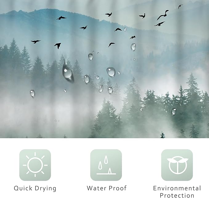 Riyidecor Green Mountain Shower Curtain 72Wx72H Inch Nature Scenery Foggy Pine Tree Scenic Woodland Greenery Landscape Mens Bathroom Decor Fabric Polyester Waterproof 12 Pack Hooks