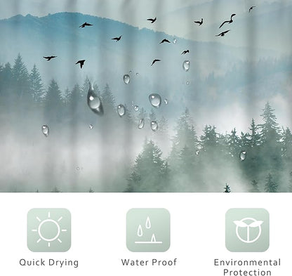 Riyidecor Green Mountain Shower Curtain 72Wx72H Inch Nature Scenery Foggy Pine Tree Scenic Woodland Greenery Landscape Mens Bathroom Decor Fabric Polyester Waterproof 12 Pack Hooks