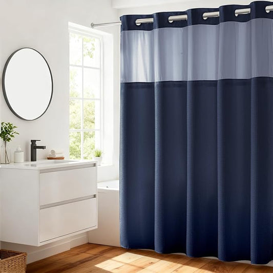River Dream Heavyweight Navy Blue No Hooks Required Dotted Waffle Weave Shower Curtain with Snap in Liner - 71W x 74H,Hotel Grade,Spa Like Bath Curtain