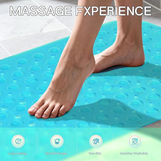 Anti-Slip Bathtub Shower mat, 39.3×15.7 inch（Approximately 100 × 40cm） Soft Oversized Machine Washable Non-Slip Bathtub mat with Drainage Holes, Bathroom Floor Suction Cup.（1-Clear Green）