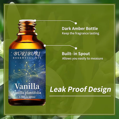 BURIBURI Pure Vanilla Essential Oil and Coconut Oil 100ml Organic Aromatherapy Oils 3.38 fl.oz Coconut Essential Oil for Diffuser Humidifier