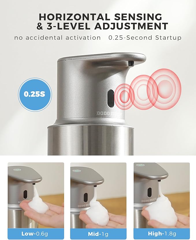Automatic Foaming Soap Dispenser Touchless, 304 Stainless Steel Bottle Body &16.2oz/480ml Rechargeable, 3 Adjustable Liquid Levels, IPX7 Waterproof, for Kitchen Bathroom, Stainless Steel