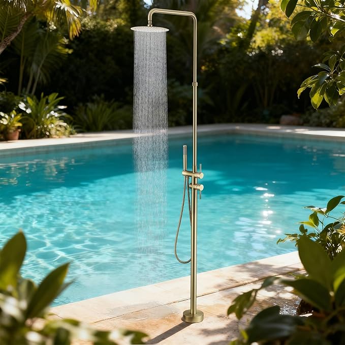 RBROHANT Freestanding Outdoor Shower Gold, Height Adjustable Stainless Steel Outdoor Showers for Backyard Garden Pool Beach, Stand Alone Outdoor Shower Hot and Cold Water, Brushed Gold, JK0456