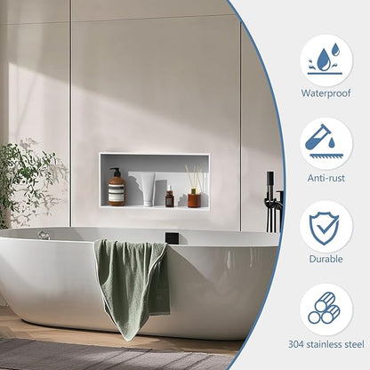 Homevacious 24" X 12" X 4" Stainless Steel Shower Niche No Tile Needed White Bathroom Shelf Rimless Recessed Wall Niche for Bathroom Storage