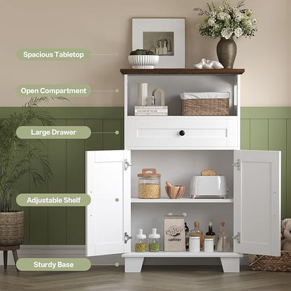 Farmhouse Bathroom Storage Cabinet with Drawer & Adjustable Shelves, White 23.6" Wide Freestanding Floor Cabinet, Barn Door, Sturdy Wood, for Kitchen, Entryway (23.6 * 11.8 * 39.3" (Floor))