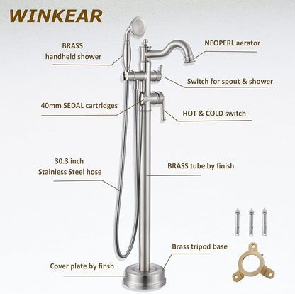 Freestanding Floor Mount Tub Filler with Handheld Shower Roman Bathtub Faucet by Brushed Nickel Finish, Swivel Spout with Brass Rough-in and Water Hose