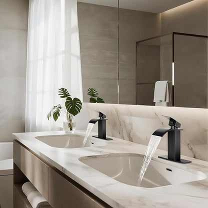 Bathroom Faucets Matte Black Waterfall Bathroom Sink Faucet Modern Single Handle Bathroom Faucet for 1 or 3 Hole Mxier Tap Washbasin Faucet with Deck, Pop-up Drain and Supply Hoses 2 Pack