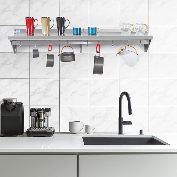 Hally Stainless Steel Shelf with 8 Hooks 14" x 60" Wall Mounted Pot Rack 400lb, NSF Commercial Floating Shelving for Storage Hanging Pots, Pans, cookware in Restaurant, Kitchen, Home and Hotel