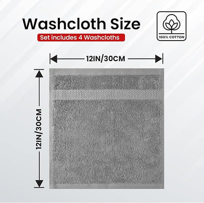 Infinitee Xclusives Luxury Wash Cloths for Showering [13x13] – 100% Cotton Washcloths [Pack of 4], Soft and Absorbent Face Towels for Bathroom Wash Clothes, Gym, and Spa (Charming Grey)