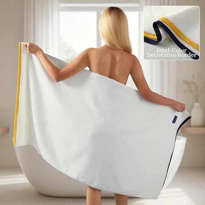 REDKISS 2 Pack 100% Cotton Bath Towels with Luxury Embellished Border Design, Oversized 27 x 54 Inches & 600 GSM Ultra Soft Bath Towel Set, Quick Dry Towels for Bathroom, Gym, Hotel, White
