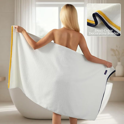 REDKISS 2 Pack 100% Cotton Bath Towels with Luxury Embellished Border Design, Oversized 27 x 54 Inches & 600 GSM Ultra Soft Bath Towel Set, Quick Dry Towels for Bathroom, Gym, Hotel, White