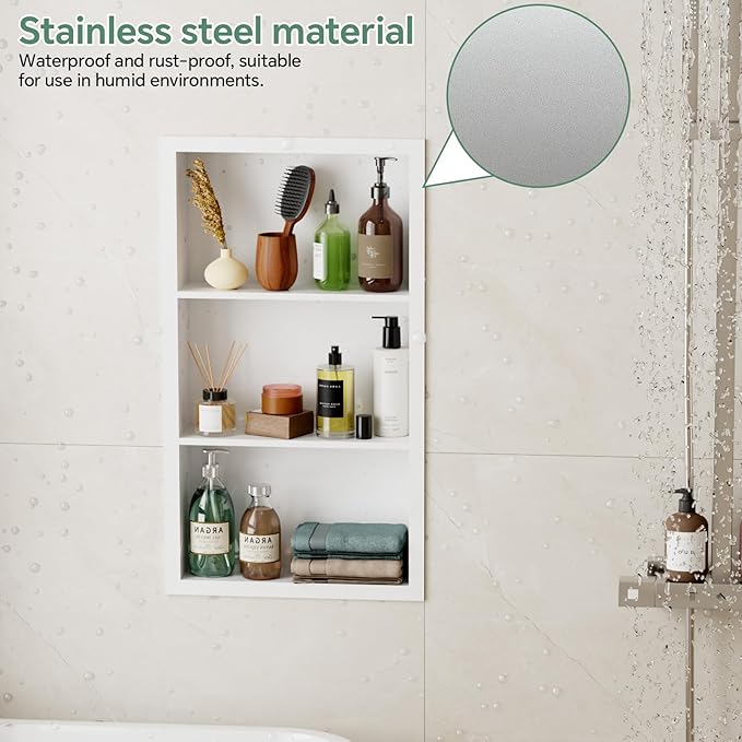 Stainless Steel Recessed Medicine Cabinet 14''*24'', Rust-Proof Metal Wall Niche, in Wall Shower Niche Shelf Insert Replacement, Recessed Medicine Cabinets for Drywall, Bathroom Storage, White