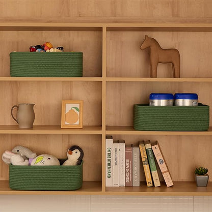 Large Shallow Organizing Baskets 15x11x5.1 Inches - Rope Woven Storage Bins for Bathroom, Shelves, Cube Closet, Green 4 Packs