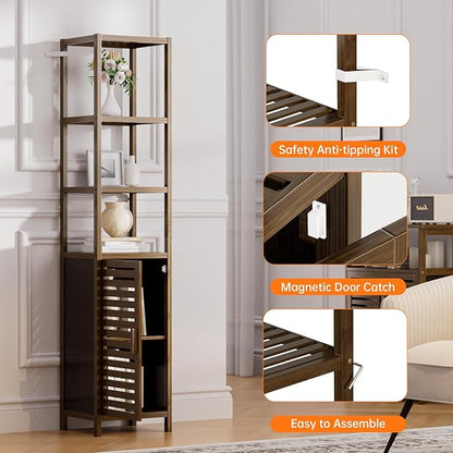 HITNET Bathroom Cabinet, Bamboo Floor Cabinet Freestanding Narrow Storage Unit with Removable Shelves, 6 Tier Tall Cabinet, Walnut