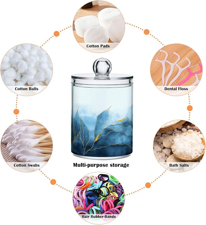 4 Pack Qtip Holder Organizer Dispenser Blue Watercolor Marble Bathroom Containers Bathroom Vanity Storage Canister Apothecary Jars for Cotton Swabs/Pads/Floss