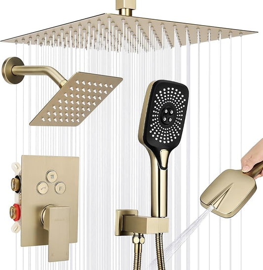 Shower Faucet Set Rainfall Shower System Push Button Diverter Shower Faucet with 4 in 1 Handheld, Ceiling Mount 12 Inch Shower Head and 6 Inch Wall Mount Shower Head