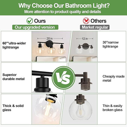 2025 Upgrade 3-Light Bathroom Light Fixtures, Black Bathroom Lights Over Mirror with Clear Glass Globe Shade, Vanity Lights for Bathroom Kitchen Living Room Hallway Cabinet Bedroom Porch.
