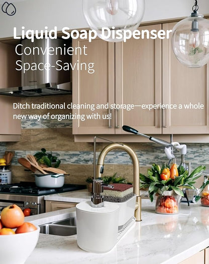 Dish Soap Dispenser & Sponge Holder 3-in-1 with Dual Pump & Drain Tray & Drying Pole - Multifunctional Kitchen Sink/Bathroom Organizer for Sponges and Hand Soap (White)