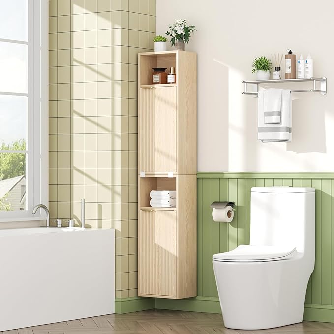 59.1" Tall Slim Bathroom Storage Cabinet Oak | Freestanding or Wall Mounted Modular Cabinet, Fluted Panel Linen Tower with Adjustable Shelves for Small Spaces