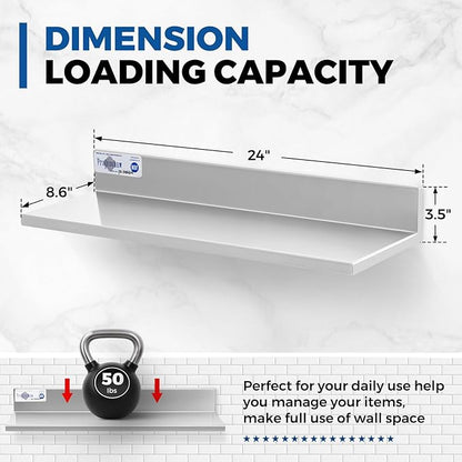 Profeeshaw Stainless Steel Shelf Wall Mounted Commercial Stainless Steel Shelves 8.6 * 24 Inch 50lb Heavy Duty Commercial Kitchen Shelf for Restaurant, Bar, Utility Room, Kitchen and Garage