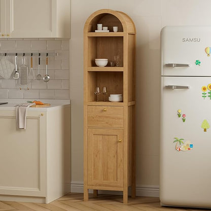 67" Tall Arched Bathroom Narrow Storage Cabinet with Adjustable Shelf, Farmhouse Freestanding Tower Cabinet with Door and Drawer, Space Saving Organizer for Kitchen, Living Room, Natural Oak