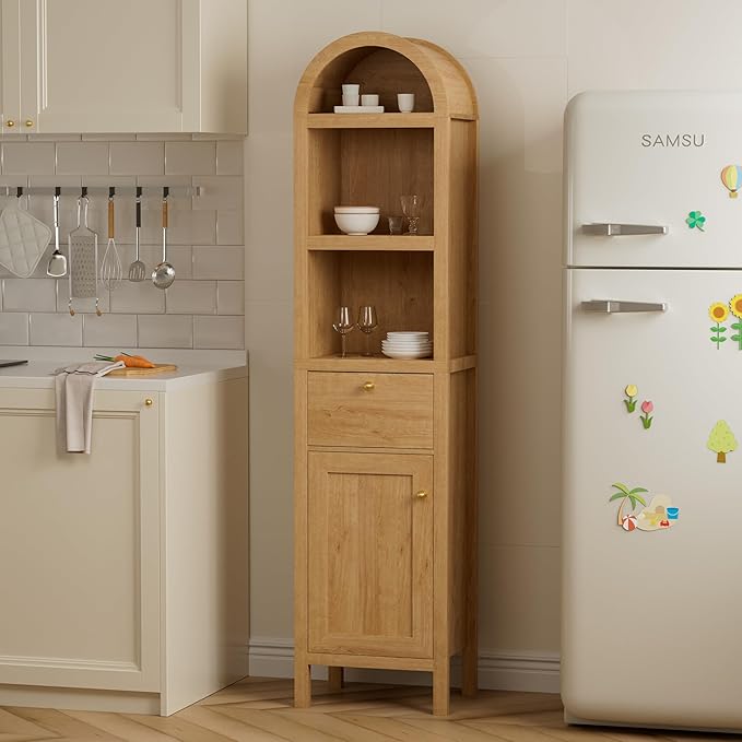 67" Tall Arched Bathroom Narrow Storage Cabinets Set of 2 with Adjustable Shelf, Farmhouse Freestanding Tower Cabinet with Door and Drawer for Kitchen, Living Room, Natural Oak