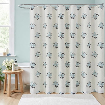 ORTIGIA Linen Blue Shower Curtains for Bathroom Boho Farmhouse Block Print Shower Curtain Set with Metal Hooks Floral Waterproof Aesthetic Rustic Fabric Bath Curtain for Home, Weighted, 72x72