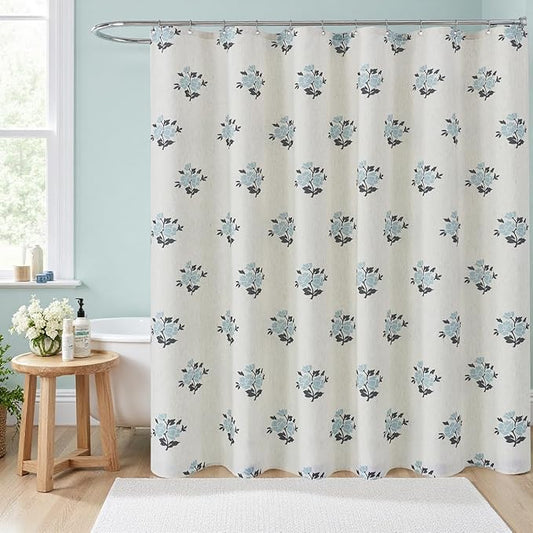 ORTIGIA Linen Blue Shower Curtains for Bathroom Boho Farmhouse Block Print Shower Curtain Set with Metal Hooks Floral Waterproof Aesthetic Rustic Fabric Bath Curtain for Home, Weighted, 72x72