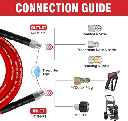 Sewer Jetter Kit 200FT for Pressure Washer, 5800 PSI Drain Cleaner Hose 1/4 Inch NPT with Spray Nozzle, Button Nose and Rotating Sewer Jetting Nozzle, Spanner Teflon Tape Pearl Corsage Pin