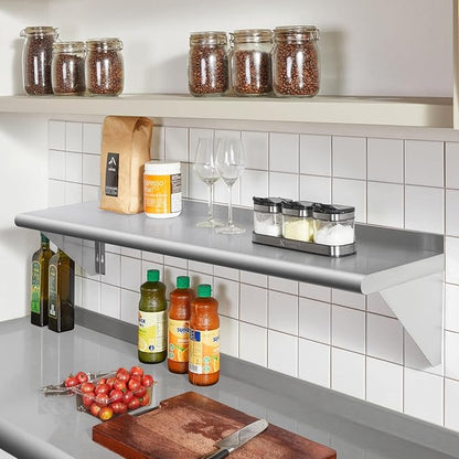 Profeeshaw NSF Stainless Steel Shelf 12” x 60”, 315 lb Commercial Shelves Wall Mounted Metal Shelving with Backsplash and 2 Brackets for Restaurant, Bar, Utility Room, Kitchen and Garage