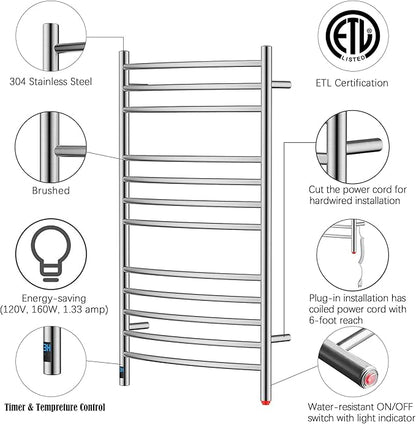 HEATGENE Electric Towel Warmer with Built-in Timer & Temperature Control, Wall-Mounted 12-Bar Large Towel Rack, Plug-in/Hardwired Heated Towel Rail for Bathroom - Brushed