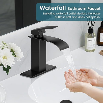 Bathroom Faucets Matte Black Waterfall Bathroom Sink Faucet Modern Single Handle Bathroom Faucet for 1 or 3 Hole Mxier Tap Washbasin Faucet with Deck, Pop-up Drain and Supply Hoses