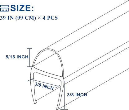 Frameless Shower Door Seal Strip 4 Pack x 39 Inch U for 3/8" Thick Glass Shower Door Side Seal Strip Bottom Seal Door Sweep, Ultra Clear Polycarbonate, Stop Shower Leaks Create A Water Barrier